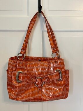 Orange Croc-Embossed Shoulder Bag